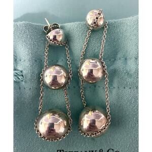 Tiffany & Co Silver Hardware Triple Drop Bead Ball Stud Earrings Butterfly Backs